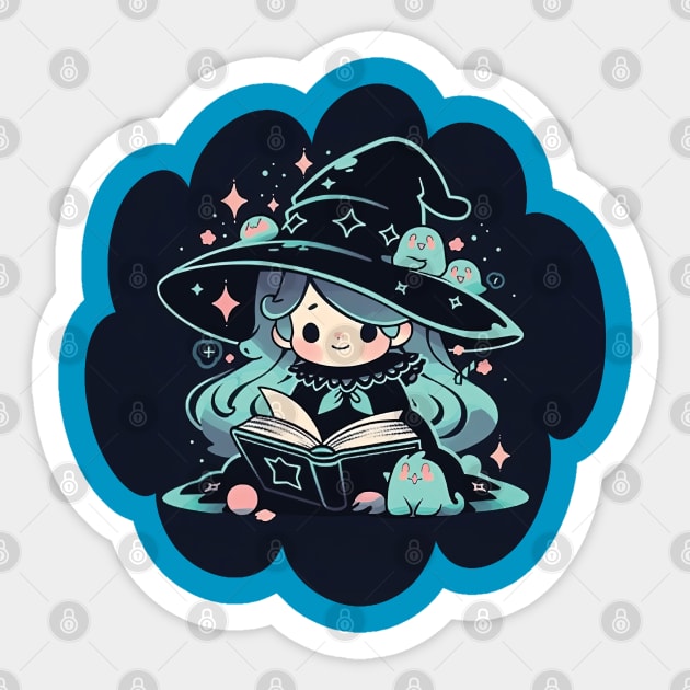 Baby Witch Virgo Zodiac Sign Reading Spell Book Chibi Style Sticker by The Little Store Of Magic